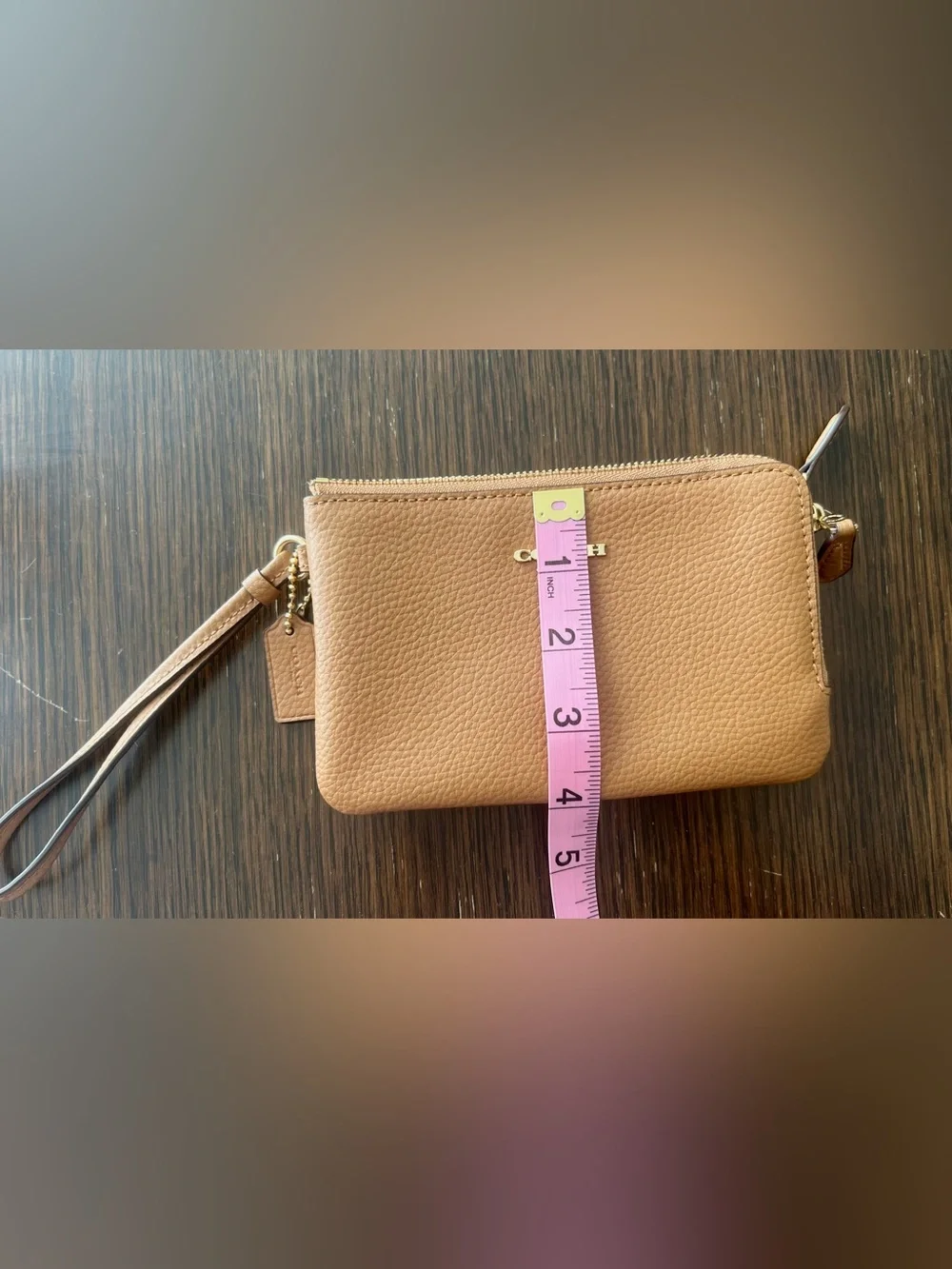 Coach F87590 Pebble Leather Double Zip Wristlet Wallet Camel EUC